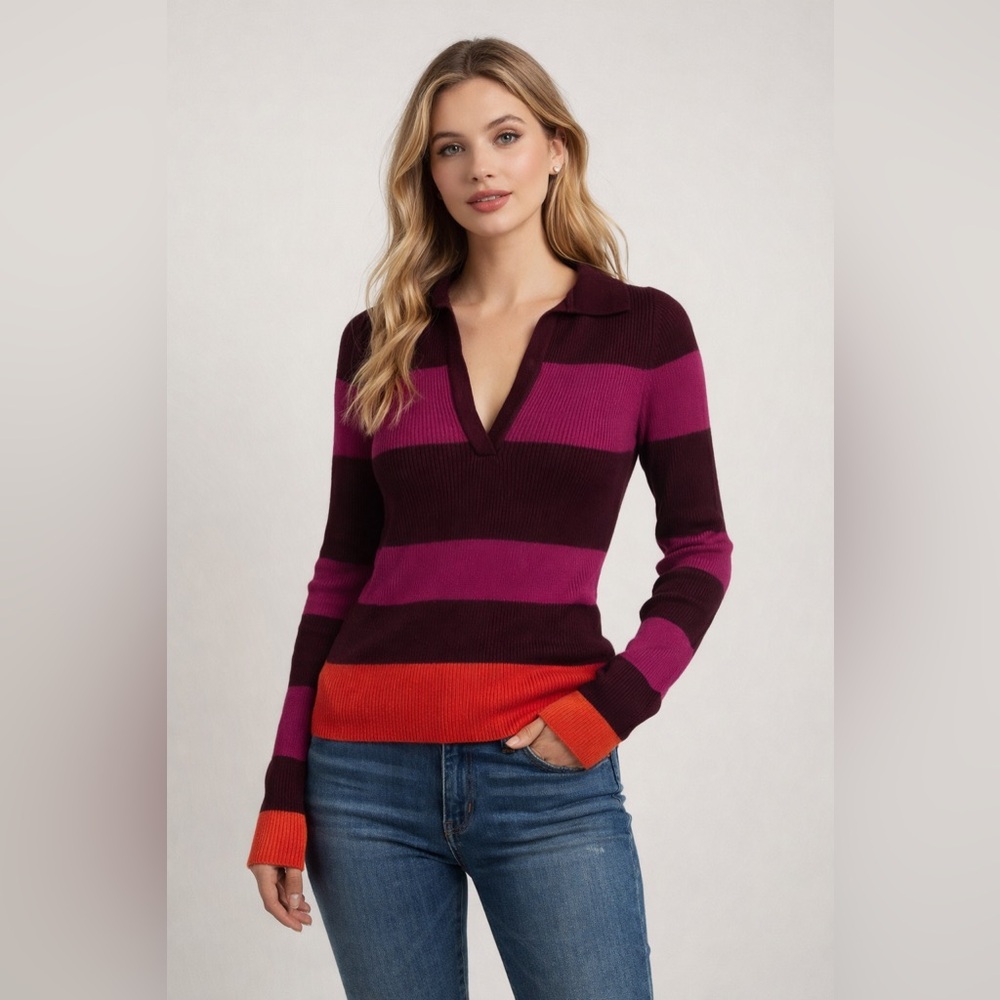 House of Harlow 1960 Color Block Long Sleeve VNeck Sweater XS Ribbed Moody Retro